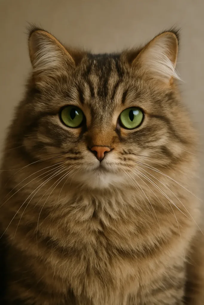 Gated Wye cat close-up showing fluffy coat and green eyes